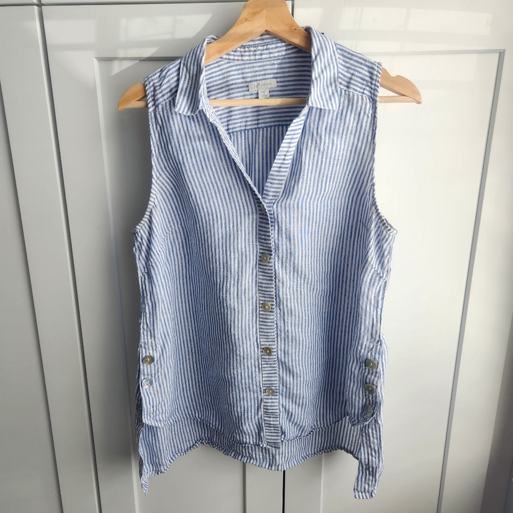 J Jill Love Linen Blue White Stripe Button Front Sleeveless Top Beachy MP
